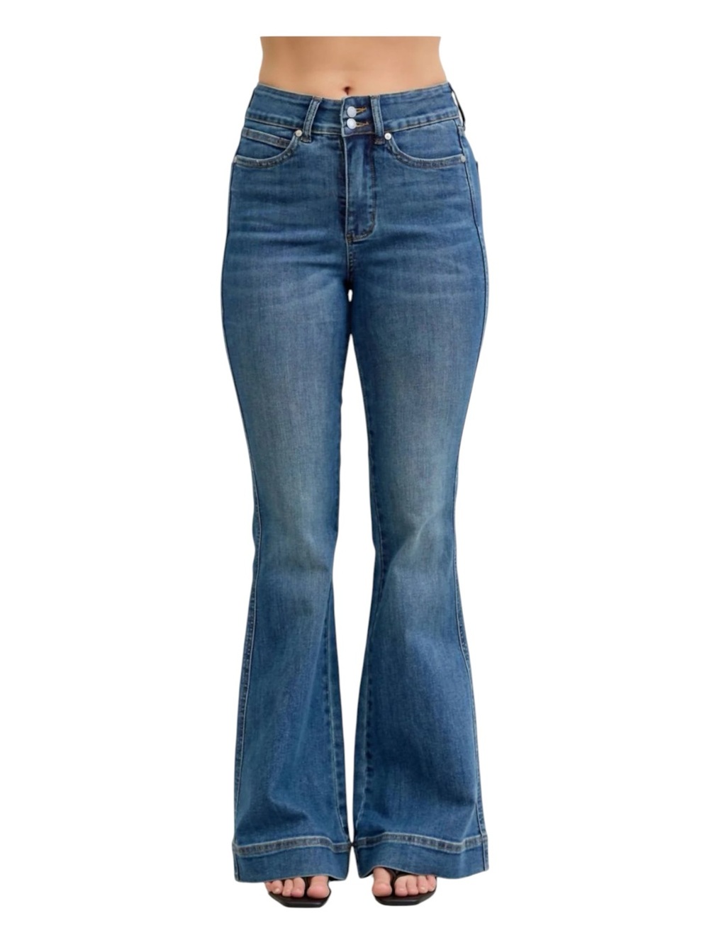 Judy Blue High Rise Medium Wash Flare Jeans with Double Button Waistband